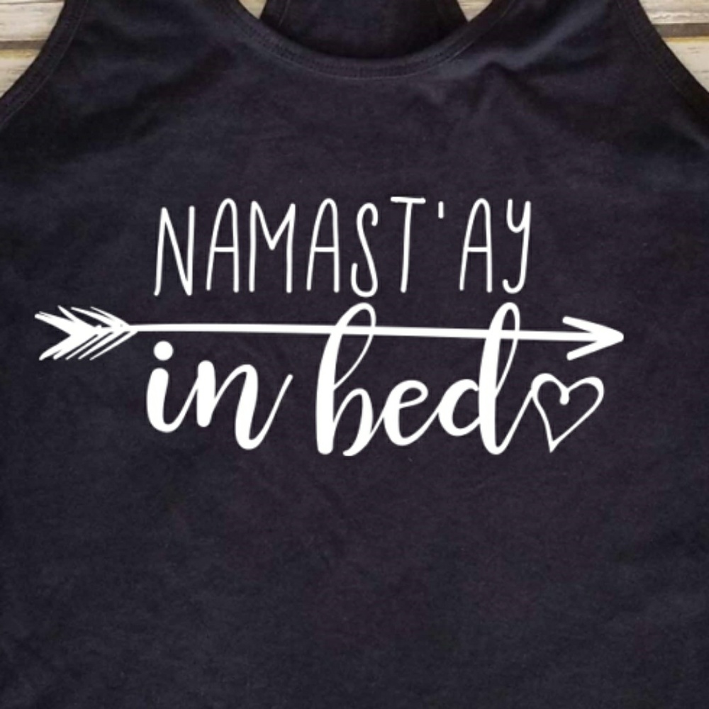 Funny Namaste in Bed Tank – Women’s Black Racerback Yoga Humor Shirt - Picture 2 of 3